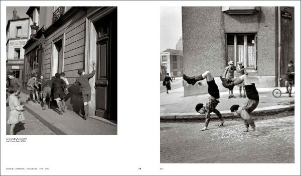 Black and white photo of child by side of road leaning forward to look at water running down road with Robert Doisneau in white font