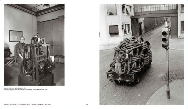Black and white photo of child by side of road leaning forward to look at water running down road with Robert Doisneau in white font