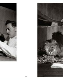 Black and white photo of child by side of road leaning forward to look at water running down road with Robert Doisneau in white font
