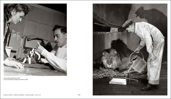 Black and white photo of child by side of road leaning forward to look at water running down road with Robert Doisneau in white font