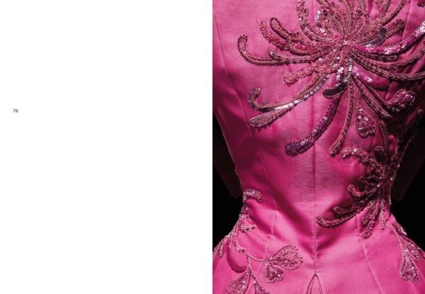 Illustration sketch of fashion model in 50s style suit and hat on spine, Christian Dior in black font to front.