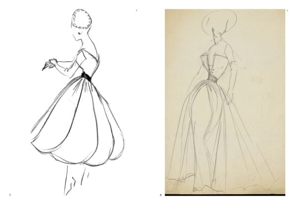 Illustration sketch of fashion model in 50s style suit and hat on spine, Christian Dior in black font to front.