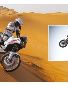 Book cover of Dream Wilder', with a Ducati DesertX off-road motorcycle with rider, speeding across a sandy desert, with sand spray behind. Published by Silvana.