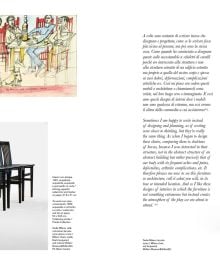 Book cover of Aldo Rossi: Design - 1960-1997. Catalogue Raisonné, with the designer grasping a black framed clear Perspex chair in left hand. Published by Silvana.
