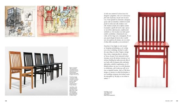 Book cover of Aldo Rossi: Design - 1960-1997. Catalogue Raisonné, with the designer grasping a black framed clear Perspex chair in left hand. Published by Silvana.