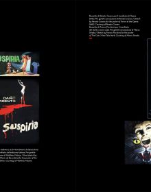 Book cover of Dario Argento: The Exhibition, with portrait of the Italian film director reflected in sharp knife, Published by Silvana.