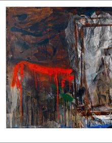 Book cover of Antoni Clavè: L’esprit du guerrier, with a textile collage sewn together, with black hand print on white cloth. Published by Silvana.