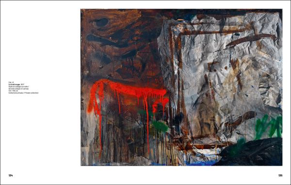 Book cover of Antoni Clavè: L’esprit du guerrier, with a textile collage sewn together, with black hand print on white cloth. Published by Silvana.