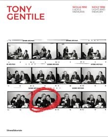 Book cover of Tony Gentile: Sicily 1992. Light and Memory, with a contact sheet of Giovanni Falcone and Paolo Borsellino, one shot circled in red. Published by Silvana.