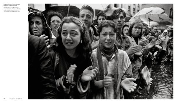 Book cover of Tony Gentile: Sicily 1992. Light and Memory, with a contact sheet of Giovanni Falcone and Paolo Borsellino, one shot circled in red. Published by Silvana.
