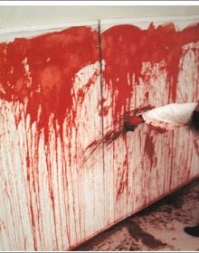 Book cover of Hermann Nitsch, featuring the artist's red paint splattered canvas. Published by Silvana.