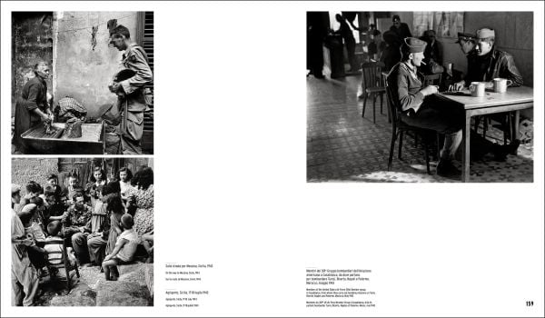 Book cover of Robert Capa, featuring a photo of a Sicilian man telling an American officer which way the Germans had gone, near Troina, Sicily, 1943. Published by Silvana.