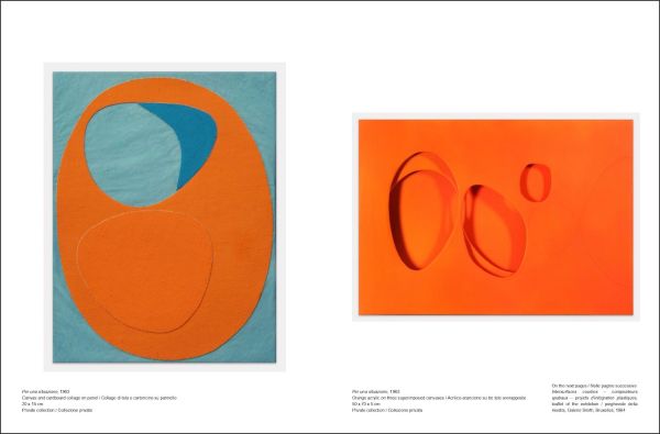 Book cover of Paolo Scheggi, with the Italian artist wearing a suit, standing in a studio surrounded by his elliptical holed canvases. Published by Silvana.