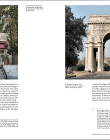 Runner running past stone monuments, on green cover of A Difficult Heritage, by Silvana.