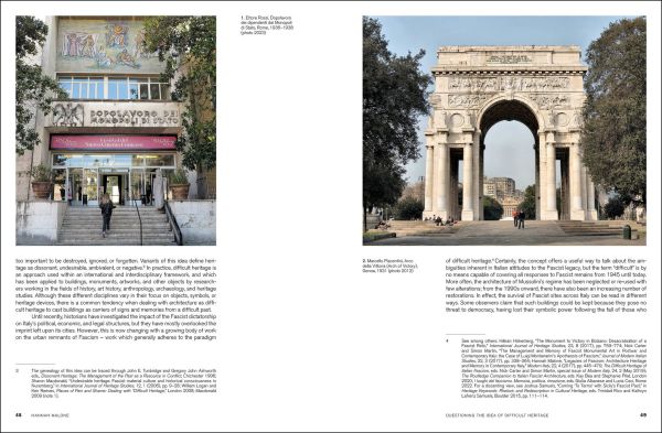 Runner running past stone monuments, on green cover of A Difficult Heritage, by Silvana.