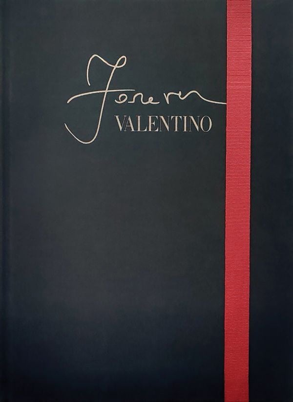 Book cover of Forever Valentino, with red book mark to outside edge. Published by Silvana.