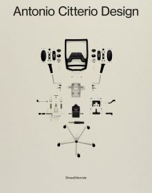 Explosion of components of an office chair, on beige cover of 'Antonio Citterio Design', by Silvana.