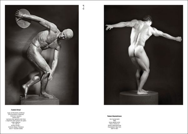 Book cover of Mapplethorpe/Von Gloeden: Beauty and Desire, featuring two black and white portrait photographs, framed on exhibition wall. Published by Silvana.