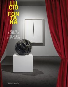 Book cover of Fontana, with an exhibition space featuring a large spherical sculpture on plinth and canvas on wall with a long cut down centre. Published by Silvana.