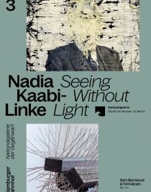 Book cover of Nadia Kaabi-Linke: Seeing Without Light, with a portrait photograph scrubbed over, and spiky sculpture. Published by Silvana.