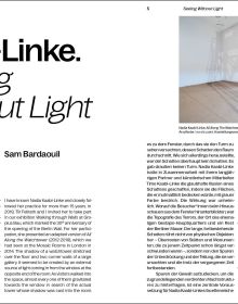 Book cover of Nadia Kaabi-Linke: Seeing Without Light, with a portrait photograph scrubbed over, and spiky sculpture. Published by Silvana.