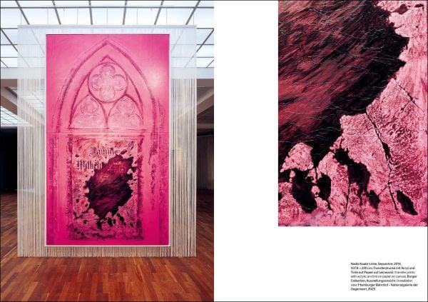 Book cover of Nadia Kaabi-Linke: Seeing Without Light, with a portrait photograph scrubbed over, and spiky sculpture. Published by Silvana.