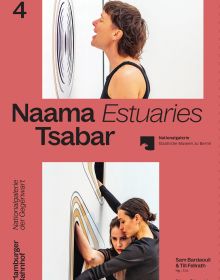 Book cover of Naama Tsabar: Estuaries, with figure shouting at wall, and two figures with arms in holes in wall. Published by Silvana.