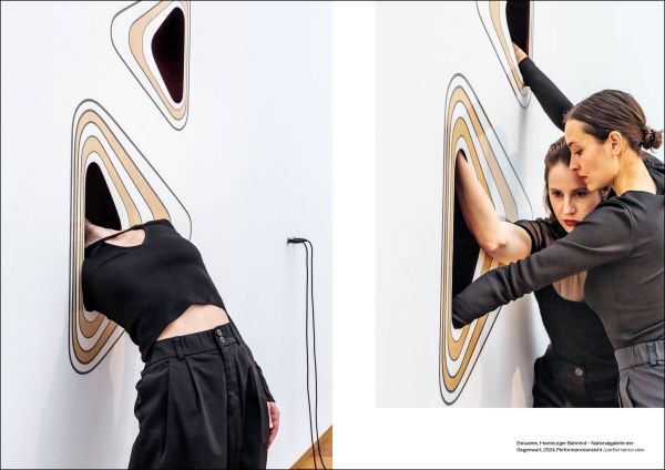 Book cover of Naama Tsabar: Estuaries, with figure shouting at wall, and two figures with arms in holes in wall. Published by Silvana.