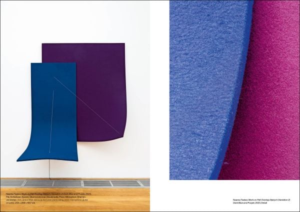 Book cover of Naama Tsabar: Estuaries, with figure shouting at wall, and two figures with arms in holes in wall. Published by Silvana.