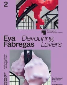 Large bulbous sculptures of ball-shapes covered in thin material, in pink, and red, on cover of 'Eva Fàbregas, Devouring Lovers', by ORO Editions.