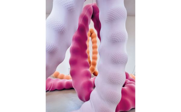 Book cover of Eva Fàbregas, Devouring Lover, with large bulbous sculptures covered in a thin pink material. Published by ORO Editions.