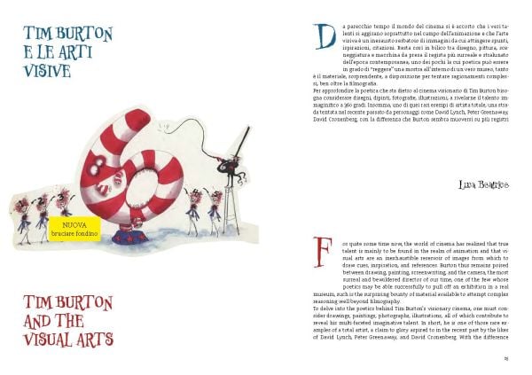 Acrylic drawing of swirly red arrow pointing to black and white creature titled