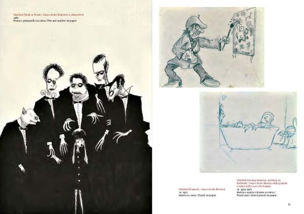 Acrylic drawing of swirly red arrow pointing to black and white creature titled