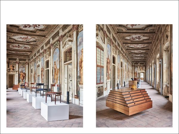 Book cover of Emanuela Frattini Magnusson's Gianfranco Frattini: Design 1955/2003, with a tan leather chair, a low table, and yellow hard hat. Published by Silvana.