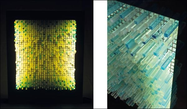 Book cover of NewLamp: Catalogue raisonné 1969-1973, with a modern lamp made of four cubes. Published by Silvana.