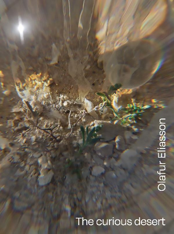 Book cover of Olafur Eliasson: The Curious Desert, with the desert floor seen through an optical device. Published by Silvana.