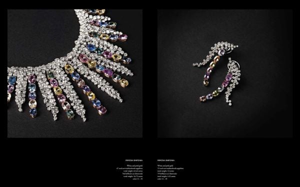 Book cover of Damiani: 100 X 100 Italiani, with the Mimosa Eternal Blue necklace with a sapphire from Sri Lanka surrounded by diamonds. Published by Silvana.