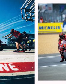Book cover of Ducati Corse: 2024 Official Yearbook, with rider Jorge Martin racing alongside Francesco Bagnaia. Published by Silvana.
