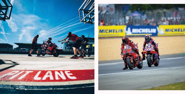 Book cover of Ducati Corse: 2024 Official Yearbook, with rider Jorge Martin racing alongside Francesco Bagnaia. Published by Silvana.