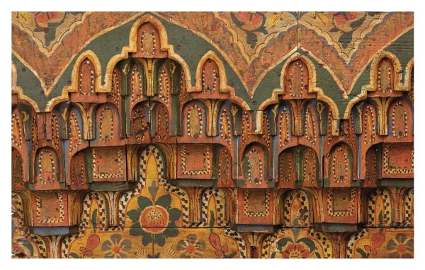 Book cover of Splendours of the Atlas: A Voyage Through Morocco’s Heritage, with an aerial view of fountain surrounded by a decorative mosaic floor. Published by Silvana.