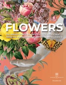 Book cover of Flowers: From the Renaissance To Artificial Intelligence, with a bouquet of flowers, butterflies and a hand. Published by Silvana.