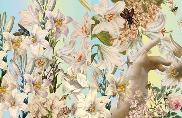 Book cover of Flowers: From the Renaissance To Artificial Intelligence, with a bouquet of flowers, butterflies and a hand. Published by Silvana.