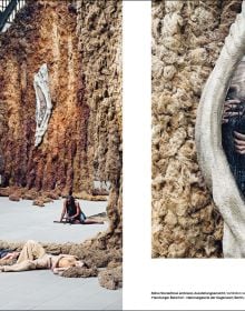 Book cover of Klára Hosnedlová: embrace; featuring a large installation with figures laying on floor surrounded by material sculptures. Published by Silvana.