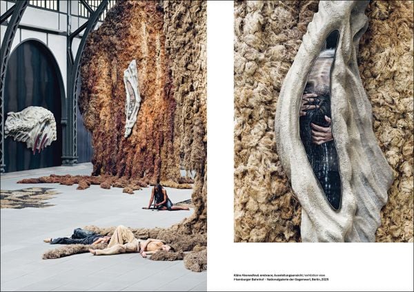 Book cover of Klára Hosnedlová: embrace; featuring a large installation with figures laying on floor surrounded by material sculptures. Published by Silvana.