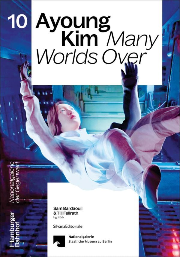 Book cover of Ayoung Kim:Many Worlds Over; featuring a figure floating in the air. Published by Silvana.