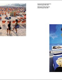 Book cover of On the Beach: From Ferdinando Scianna to Martin Parr. Magnum Photographers and the Beaches featuring a row of beach huts on the sea shore. Published by Silvana.