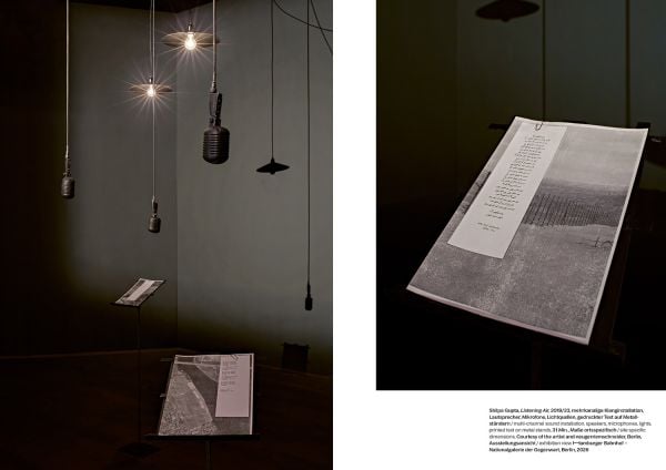 Book cover of Shilpa Gupta: What Still Holds; featuring a person standing among an installation of large white letters. Published by Silvana.