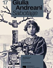 Book cover of Giulia Andreani: Sabotage; featuring a painting monochromatic painting of a woman wearing a dress in a surrealist landscape. Published by Silvana.