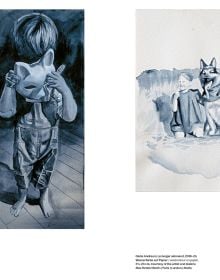 Book cover of Giulia Andreani: Sabotage; featuring a painting monochromatic painting of a woman wearing a dress in a surrealist landscape. Published by Silvana.