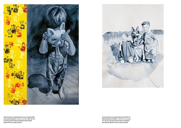 Book cover of Giulia Andreani: Sabotage; featuring a painting monochromatic painting of a woman wearing a dress in a surrealist landscape. Published by Silvana.